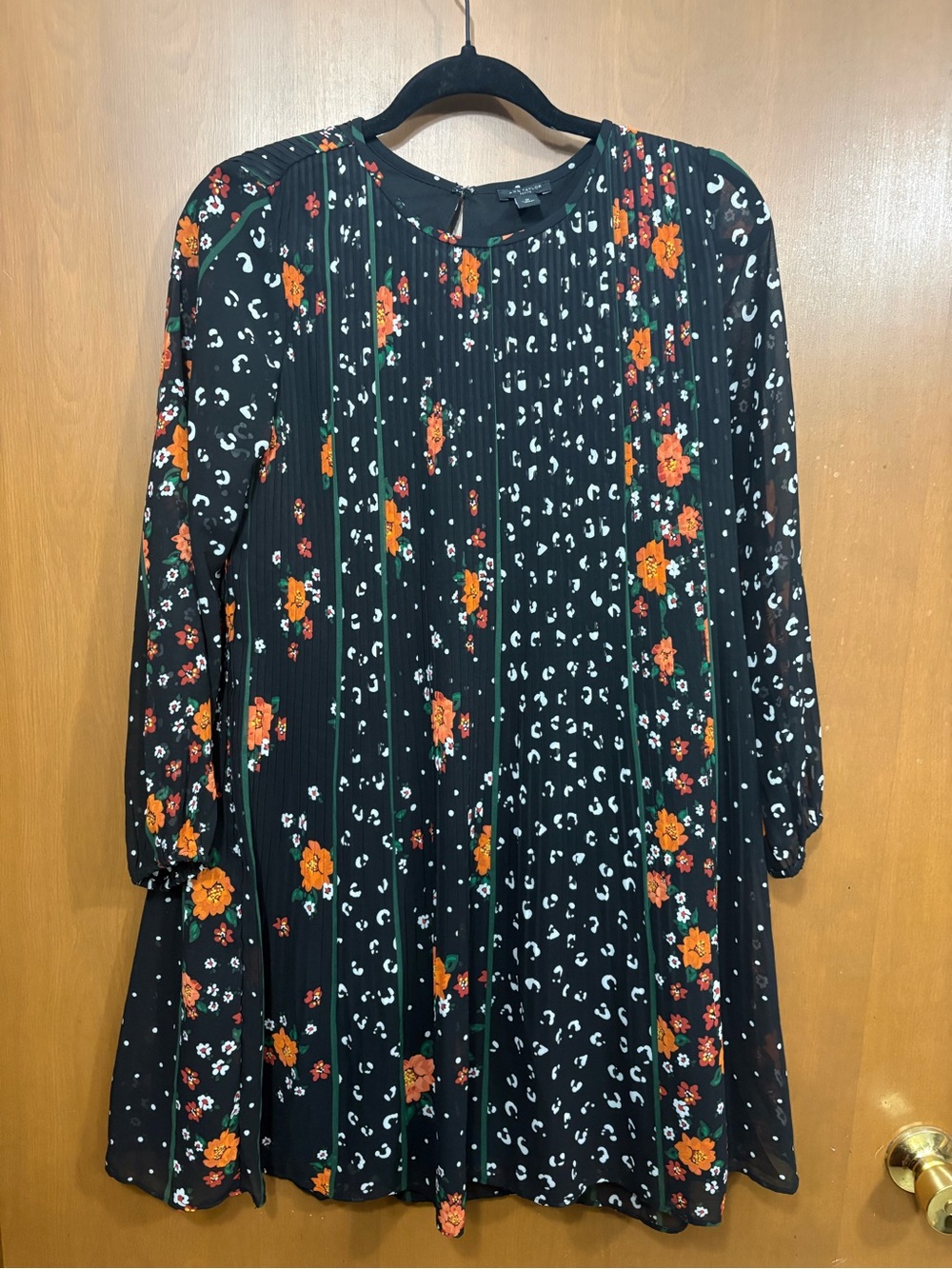 Black Floral & Animal Print Long Sleeve Pleated Dress